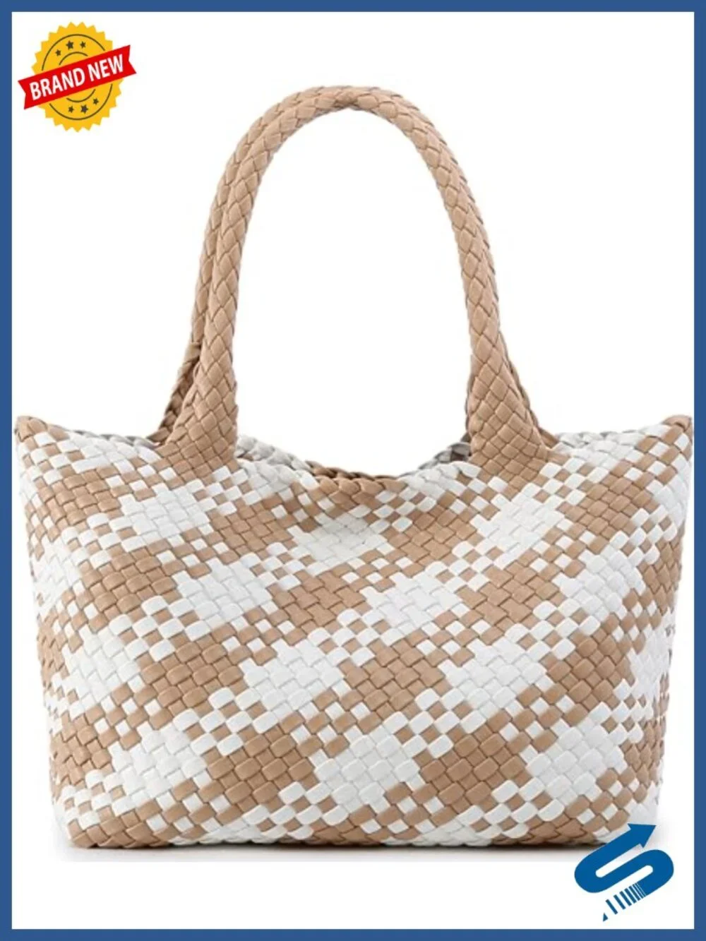 Woven Vegan Leather Top Handle Tote Bag w/ Shoulder Strap, Satchel Handbag
